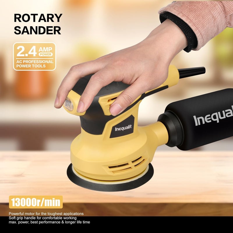 Inequalit Random Orbital Sander, 2.4Amp 5-Inch Corded Palm Sander, Max 13000 OPM Electric Drywall Sander with 6 Variable Speed, 15Pcs Sandpapers and Dust Bag for Woodworking Sanding Polishing - Image 2